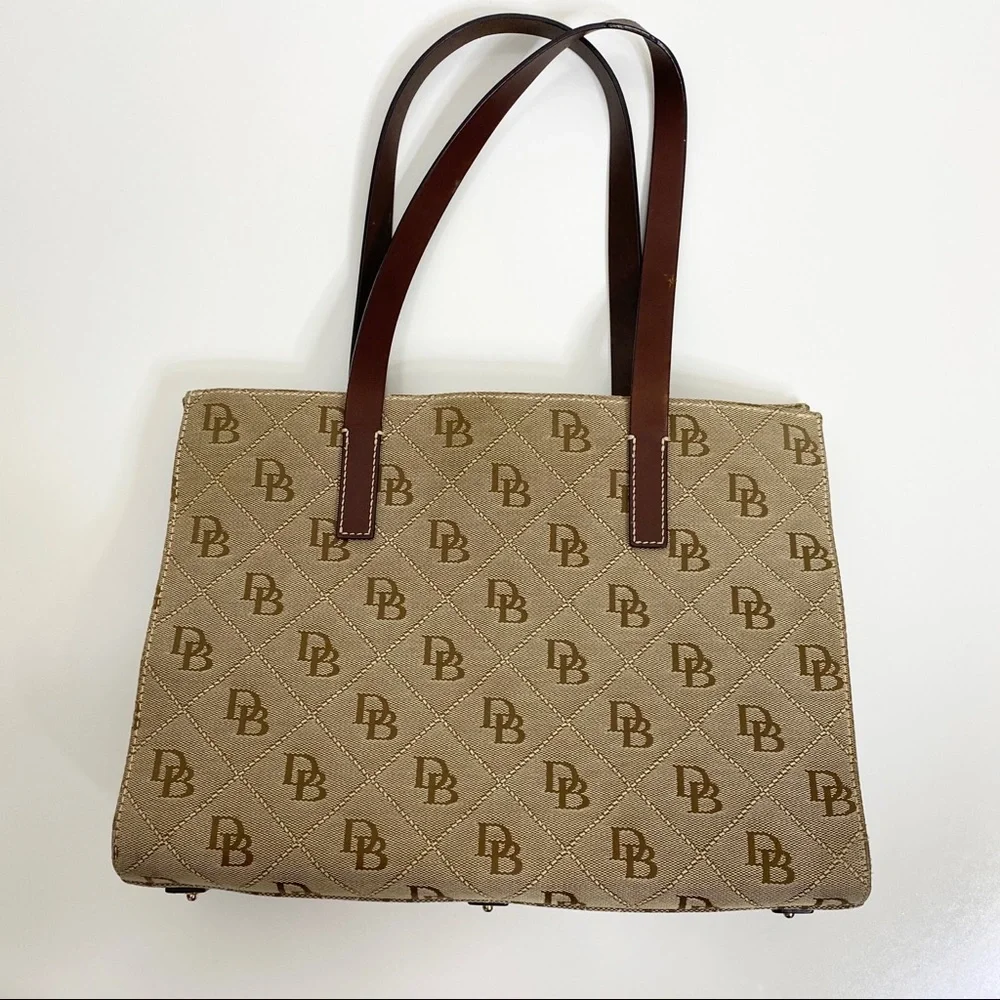 Dooney & Bourke Tan Logo Jacquard Tote with Brown Leather Trim